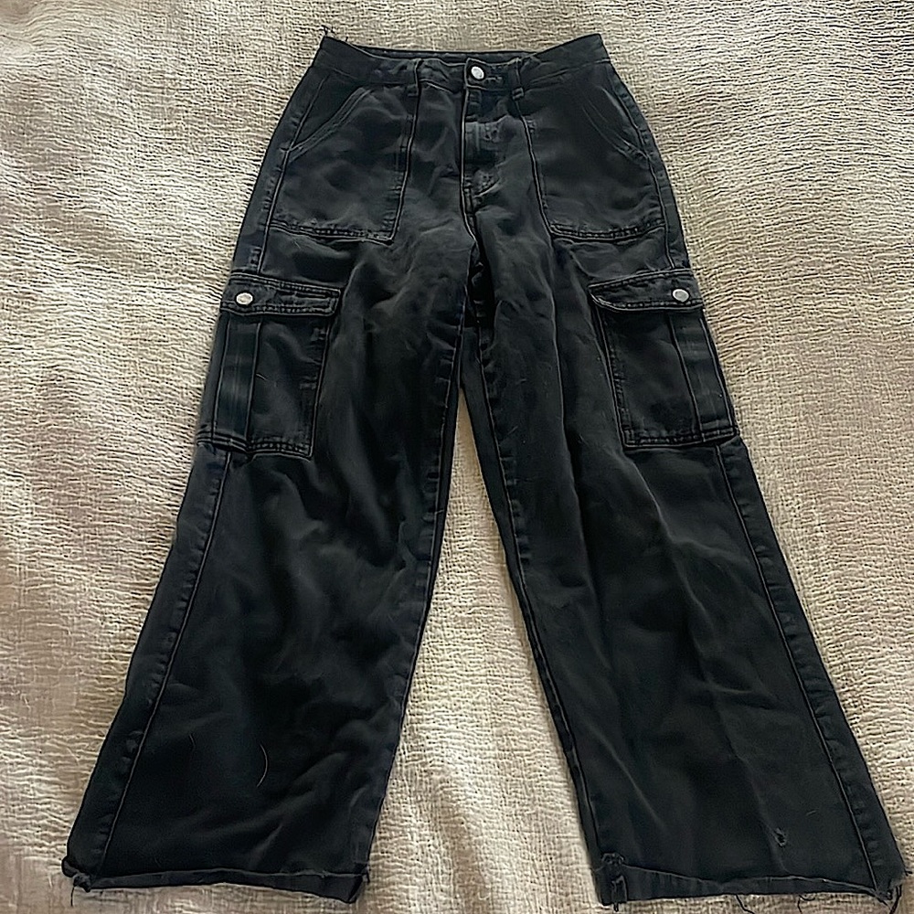 Women XS Black Cargo Straight Baggy Leg, Semi-High Waisted, Jeans